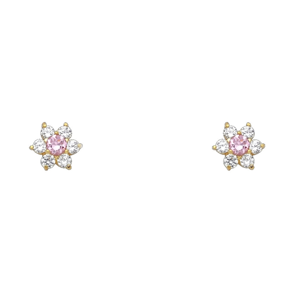 14KT Italian Gold Flower CZ Screw Back Stud Earrings October